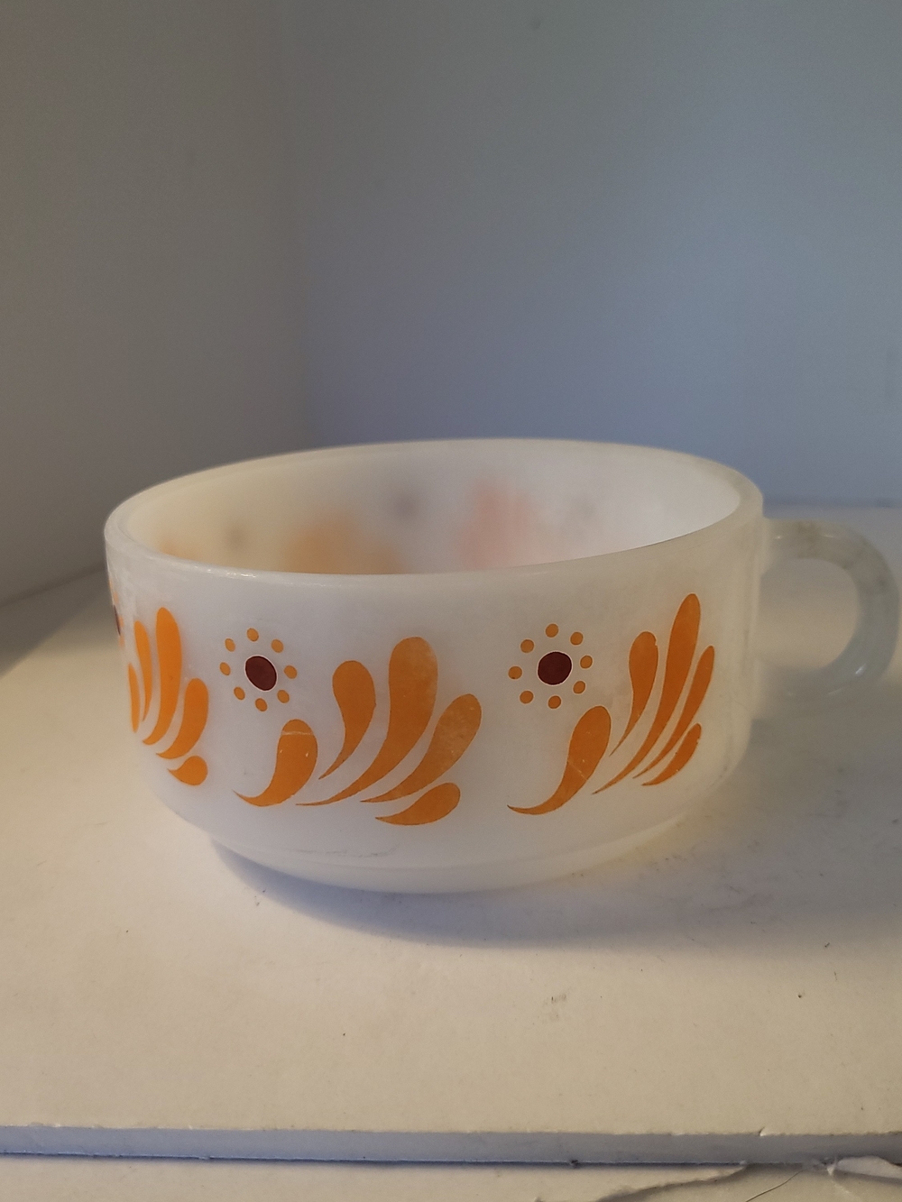 1970s Glasbake J-2711 Stackable Milk Glass Soup Mug Orange Wave